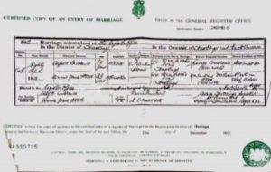 Marriage Certificate for Alfred Lawrence and Annie Jane Wood 1912